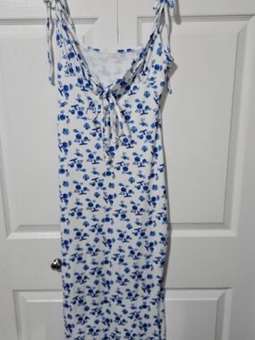 White & Blue Floral Maxi Dress with Tie Straps